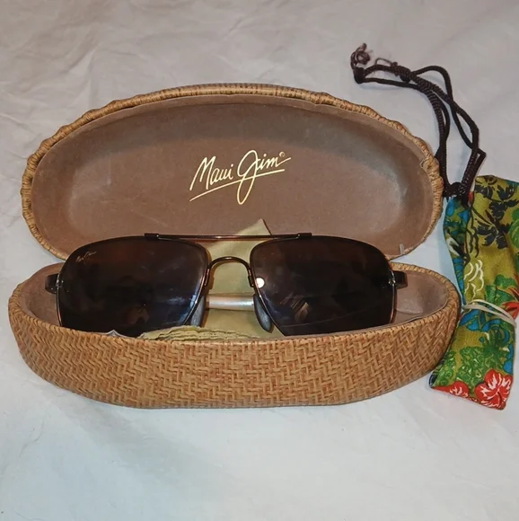 Maui Jim Dark Brown Sunglasses with Woven Case Maui Jim Sunglasses Case Brown Woven Fabric... | Depop main image 4